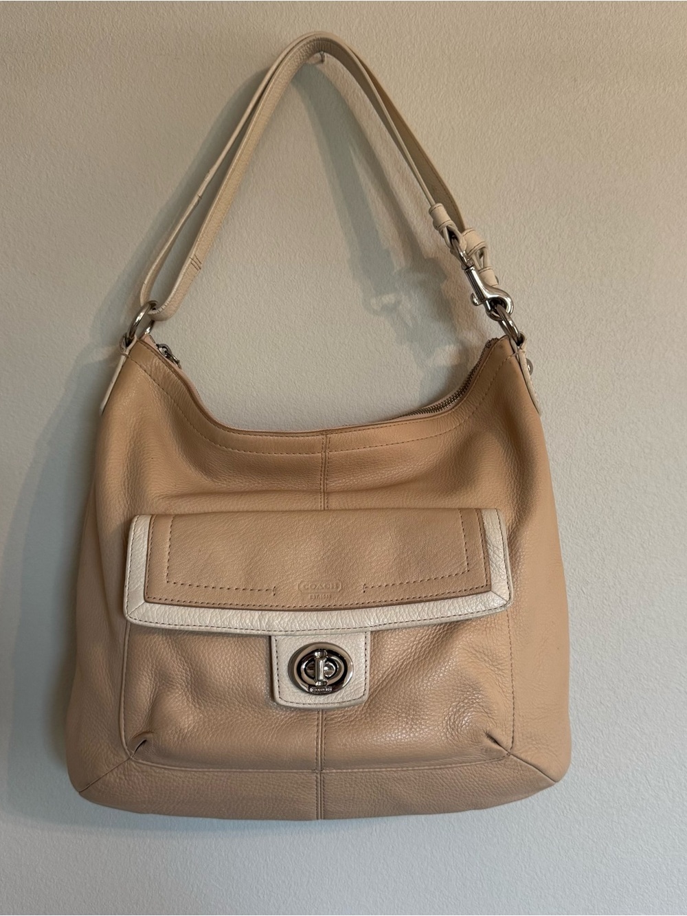 Coach Penelope Pebbled Leather Convertible Hobo Bag Beige White F19045